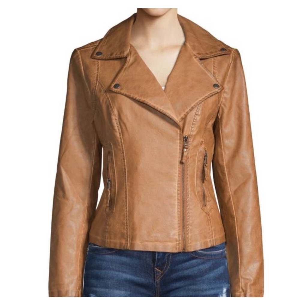 EXCELLENT CONDITION MAX‎ STUDIO VEGAN LEATHER MOTO JACKET IN COGNAC BROWN